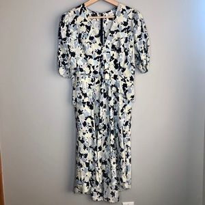 Lewit silk blue floral v-neck ruffle waist above-the-knee midi dress